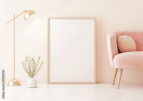 Poster mock up with vertical frame standing on floor in living room interior with pastel coral pink sofa, lamp and plant in vase on beige wall background. 3D rendering. © marina_dikh