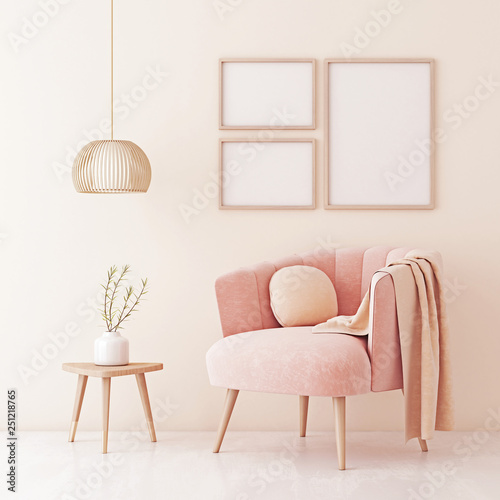Poster mock up with three frames on empty beige wall in living room interior with pastel coral pink armchair, pendant lamp and plant on table. 3D rendering. © marina_dikh