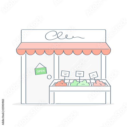 Store, market, cozy shop building exterior, small business icon concept. Storefront outline vector illustration in trendy color style on white, premium quality.