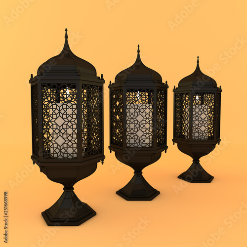 Black lantern with candle, lamp with arabic decoration 
