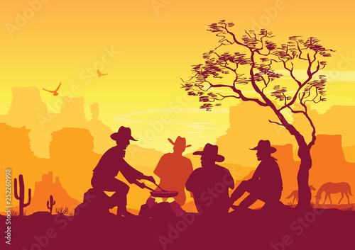 Cowboys around a campfire. Western American desert landscape