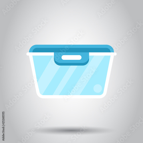 Food container icon in flat style. Kitchen bowl vector illustration on white background. Plastic container box business concept. © Lysenko.A