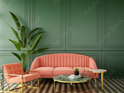 interior design for living area or reception with classic wall background ,living coral pantone / 3d illustration,3d rendering © oratai