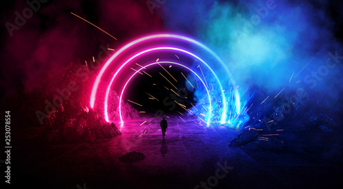 Space futuristic landscape. Fiery meteorites, sparks, smoke, light arches. Dark background with light element in the center. Silhouette of a man, a reflection of neon lights. 3d rendering.