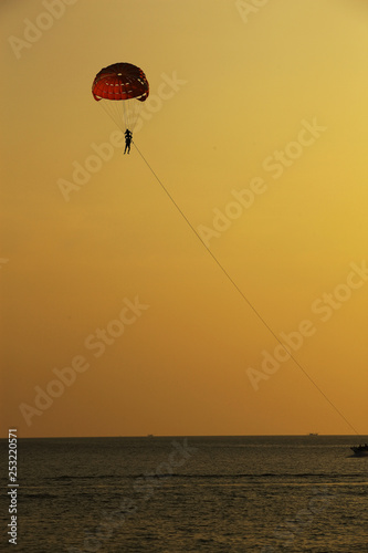 Silhouette of skydiver flies on background of sunset sky and sea