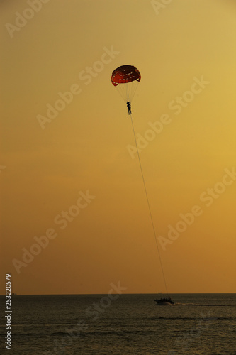 Silhouette of skydiver flies on background of sunset sky and sea