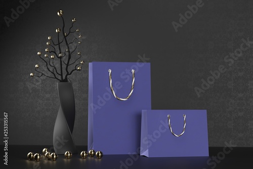Luxury blue paper shopping bag with handles Mock Up. Premium black package for purchases mockup on a black background. 3d rendering.