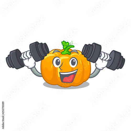 Fitness yellow pumpkin above wooden mascot table © kongvector
