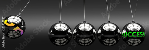 Meaning, ideas and relation of two concepts: courage and success, pictured as Newton cradle with metal balls giving energy and momentum to each other, labelled with english words, 3d illustration