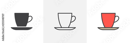 Cup and saucer icon. Line, glyph and filled outline colorful version, Coffee mug outline and filled vector sign. Breakfast symbol, logo illustration. Different style icons set. Vector graphics