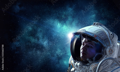 Astronaut pioneer doing research. Mixed media