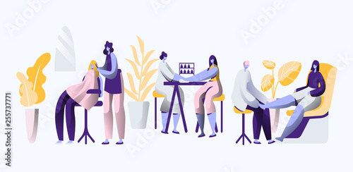 Beauty Luxury Salon. Professional Stylist make Fingernail and Hair Fashionable, Elegance and Beautiful for Woman. Cosmetic Procedure, Haircutting and Pedicure. Flat Cartoon Vector Illustration