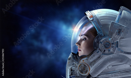 Astronaut pioneer doing research. Mixed media