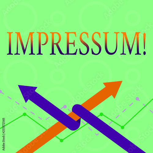 Conceptual hand writing showing Impressum. Concept meaning Impressed Engraved Imprint Geranalysis statement ownership authorship Two Arrows One Intertwined to Other Team Up or Competition