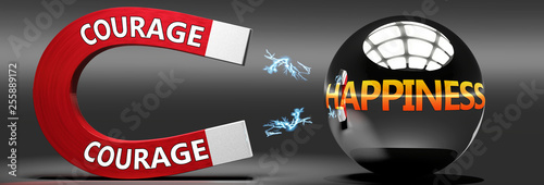Courage leads to happiness, joy and pleasure - this abstract idea is pictured as a red magnet with two big Courage logo attracting a shiny, metal sphere with word happiness., 3d illustration