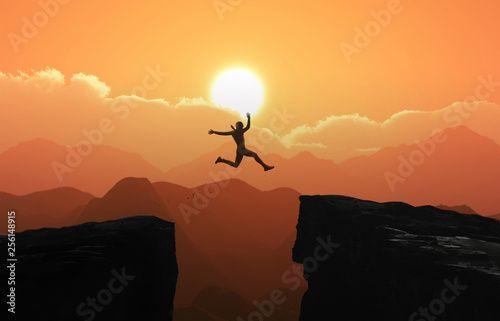 Silhouette a businessman jumps over the ravine. Challenge, obstacle, optimism, determination in business concept - Photo