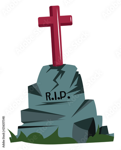 Gray grave stone with red cross on it vector illsutration on white background. © Morphart