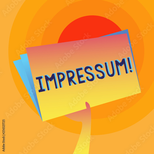 Word writing text Impressum. Business photo showcasing Impressed Engraved Imprint Geranalysis statement ownership authorship Hand Holding and Raising Blank Space Colorful File Folder with Sheet Inside