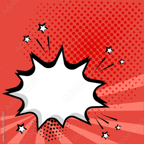 White empty speech bubble on red background. Comic sound effects in pop art style. Vector illustration. © Sylfida