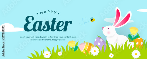 Happy Easter Banner Vector illustration, White bunny with spring meadow background. © Farosofa