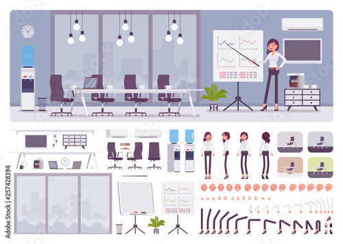 Meeting room in the business center office and female manager creation kit, conference hall set with furniture, constructor elements to build own design. Cartoon flat style infographic illustration © andrew_rybalko