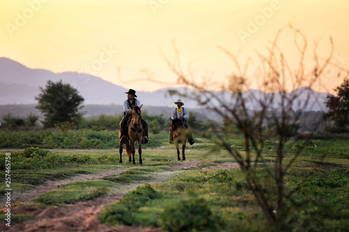cowboy and horse  at first light,mountain, river and lifestyle with natural light background © chuanchai