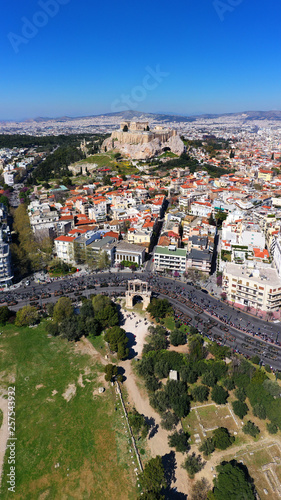 Aerial drone photo of military tanks stoped in Hadrian Arch during anual parade of Greek independence day on March 25, Athens, Attica, Greece © aerial-drone