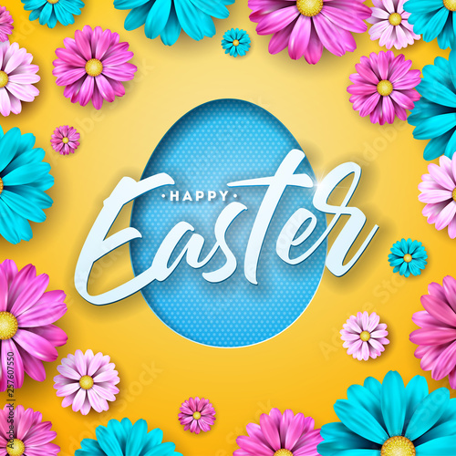 Happy Easter Design with Colorful Flower and Paper Cutting Egg Symbol on Shiny Yellow Background. Vector International Holiday Celebration Illustration with Typography for Greeting Card, Party © articular