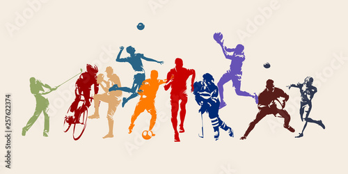 Sports, set of athletes of various sports disciplines. Isolated vector silhouettes. Run, soccer, hockey, volleyball, basketball, rugby, baseball, american football, cycling, golf © msanca