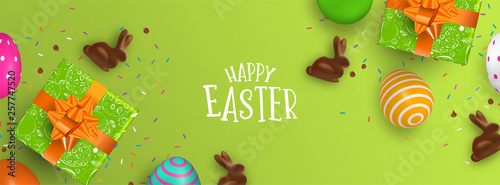 Easter banner of chocolate bunny and color eggs © cienpiesnf