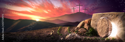 Empty Tomb Of Jesus Christ At Sunrise With Three Crosses In The Distance - Resurrection Concept © Philip Steury