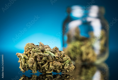 Cbd Concept, Medical Marijuana, cannabis and blue background © Sebastian Duda