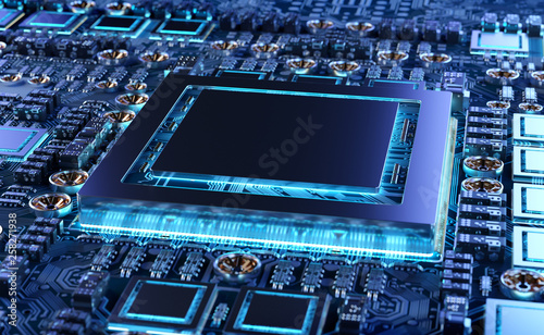 Close-up view of a modern GPU card with circuit 3D rendering © sdecoret