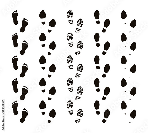 Footprint trails. Bare feet human footsteps, funny people foot steps, follow concept, black silhouettes. Vector footprints route set