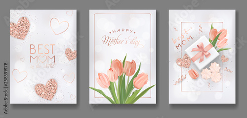 Mothers Day Greeting Card Design Set. Happy Mother Day Flyer with Flowers, Gifts and Golden Glitter Hearts for Poster, Banner, Invitation. Vector illustration © wooster