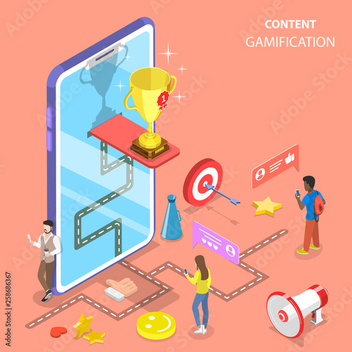 Isometric flat vector concept of gamification, interactive content, customer engagement. © nanuvision