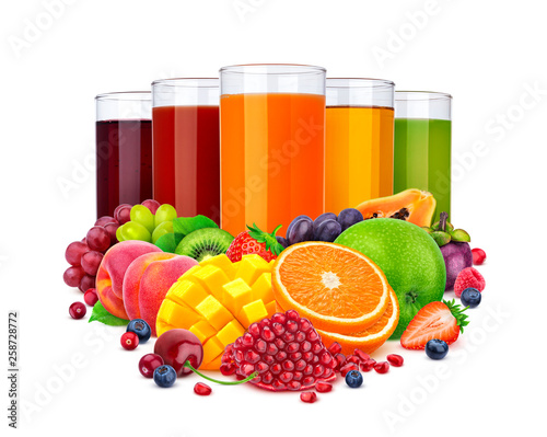 Glasses of different juice and pile of fruits and berries isolated on white background © xamtiw