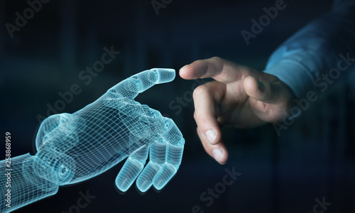 Wireframed Robot hand making contact with human hand on dark 3D rendering © sdecoret