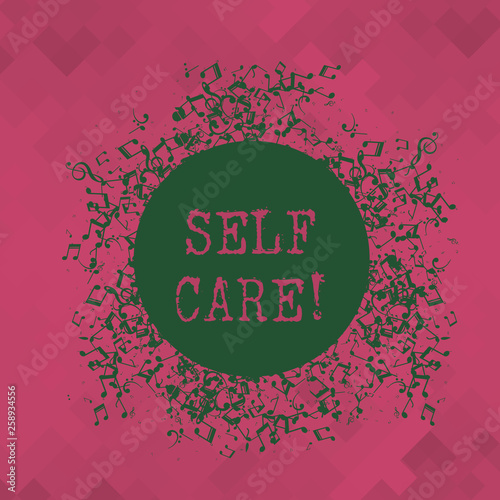 Conceptual hand writing showing Self Care. Concept meaning practice of taking action preserve or improve ones own health Disarrayed Jumbled Musical Notes Icon with Colorful Circle © Artur