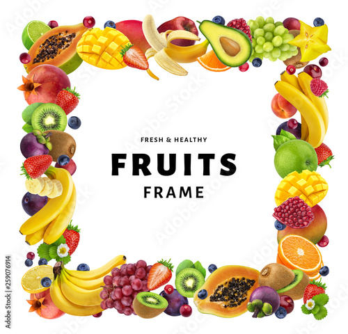 Square frame made of different fruits and berries, isolated on white background, healthy food concept, copy space © xamtiw