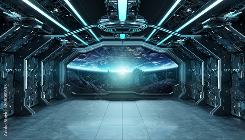 Dark blue spaceship futuristic interior with window view on space and planets 3d rendering © sdecoret