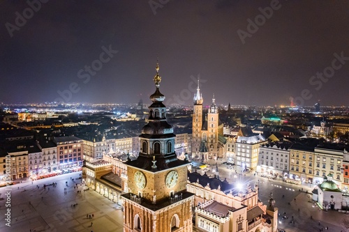 Aerial drone view Cracow old town and city main square at night. © antic