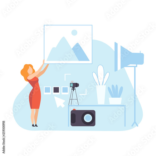 Female Blogger Landing Page of Content Creating, Technology Process of Software Development, Social Media Marketing Vector Illustration © topvectors