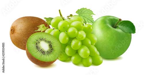 Kiwi, green grapes and apple group isolated on white background © kovaleva_ka