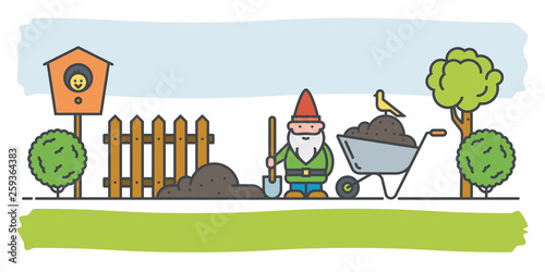 Gardening Concept Vector Banner. Garden Gnome at work in his garden with shovel and wheelbarrow. © eyewave