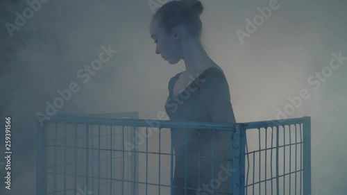 The figure of professional ballerina dancing in black dress in the studio in big blue cage in the cloud of smoke. Young beautiful woman raising hands and moving her body © oles_photo