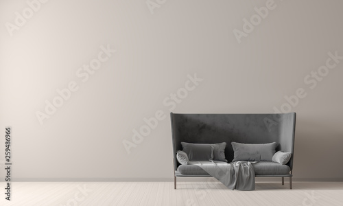 Empty wall mock up in Scandinavian style interior with sofa. Minimalist interior design. 3D illustration. © Salih