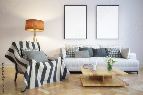 Modern living room interior with mockup frames - 3d illustration © 4th Life Photography