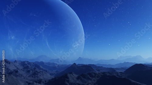 3d rendered Space Art: Alien Planet - A Fantasy Landscape with blue skies and stars © britaseifert