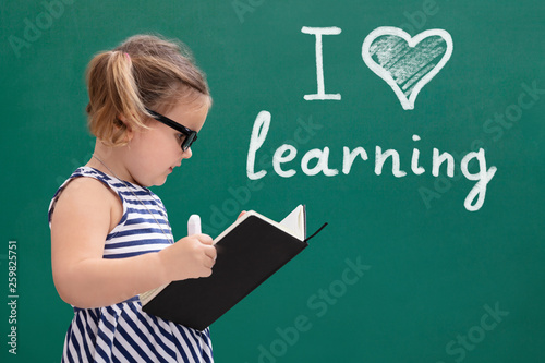 Girl In Front Of Chalkboard With I Love Learning Text © Andrey Popov